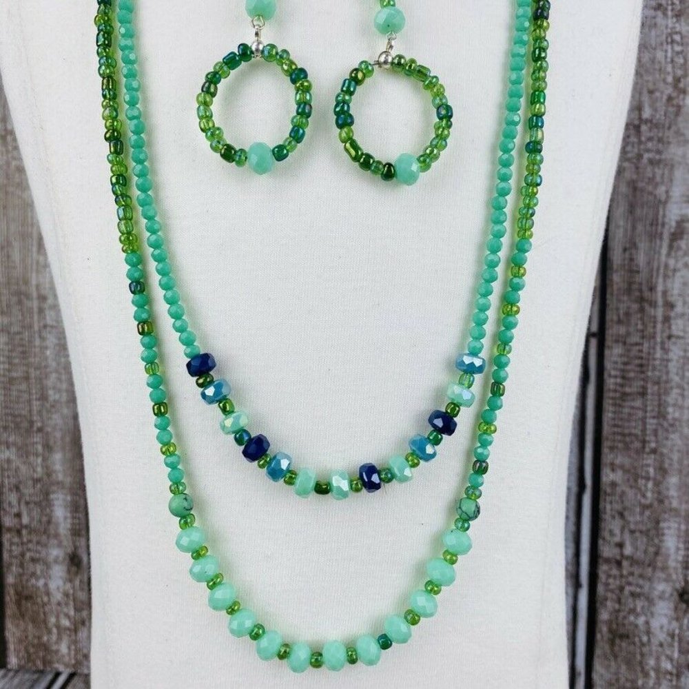 Green Crystal Jasper Double Strand Necklace Earrin
